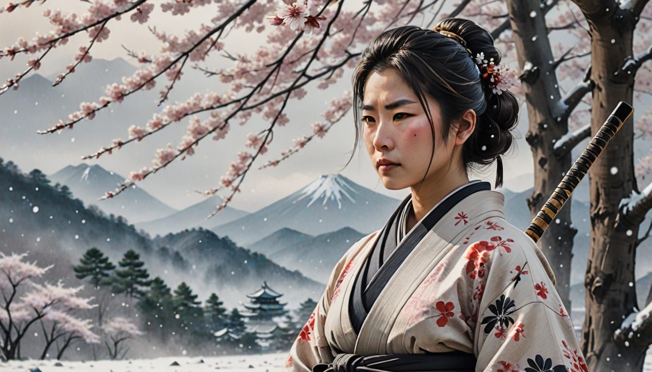 Female Samurai on Snowy Battlefield in Sumi-e Style
