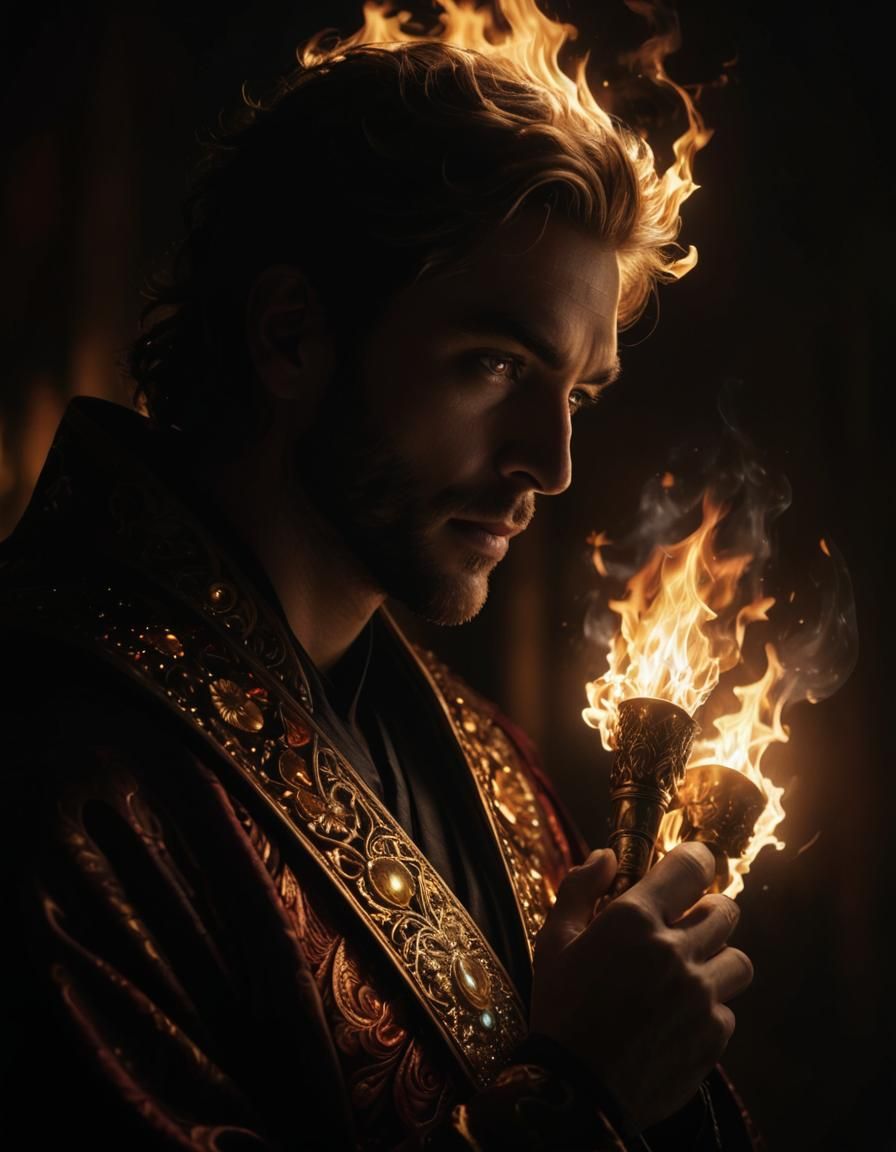 Radiant Man in Opulent Robes with Glowing Eyes