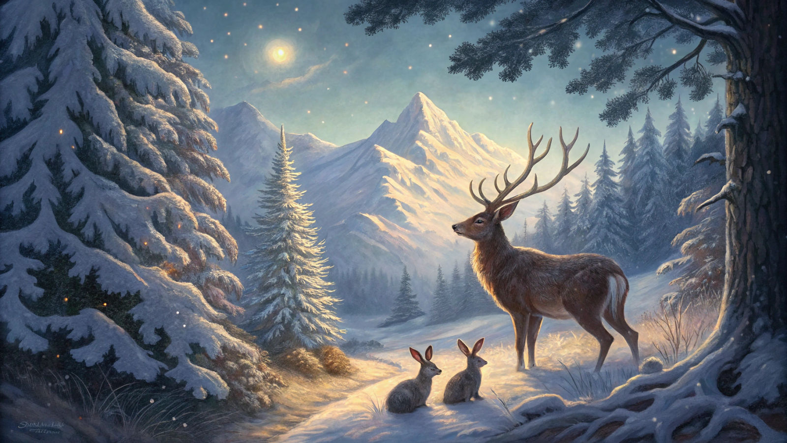 Enchanted Christmas Night Scene with Deer