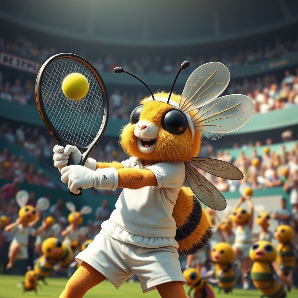 Hyper-Realistic Bee Plays Tennis in Stadium
