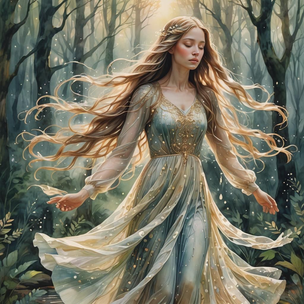 Ethereal Water Being Dancing in Dreamy Forest