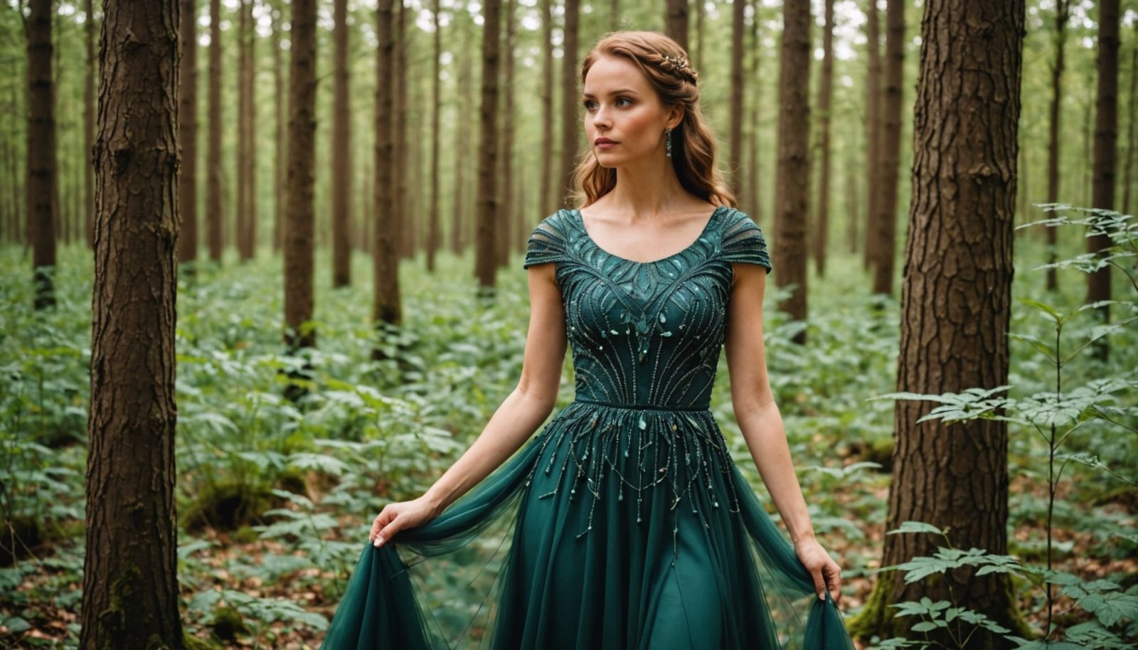 Woman in Beaded Dress in Woodland Setting