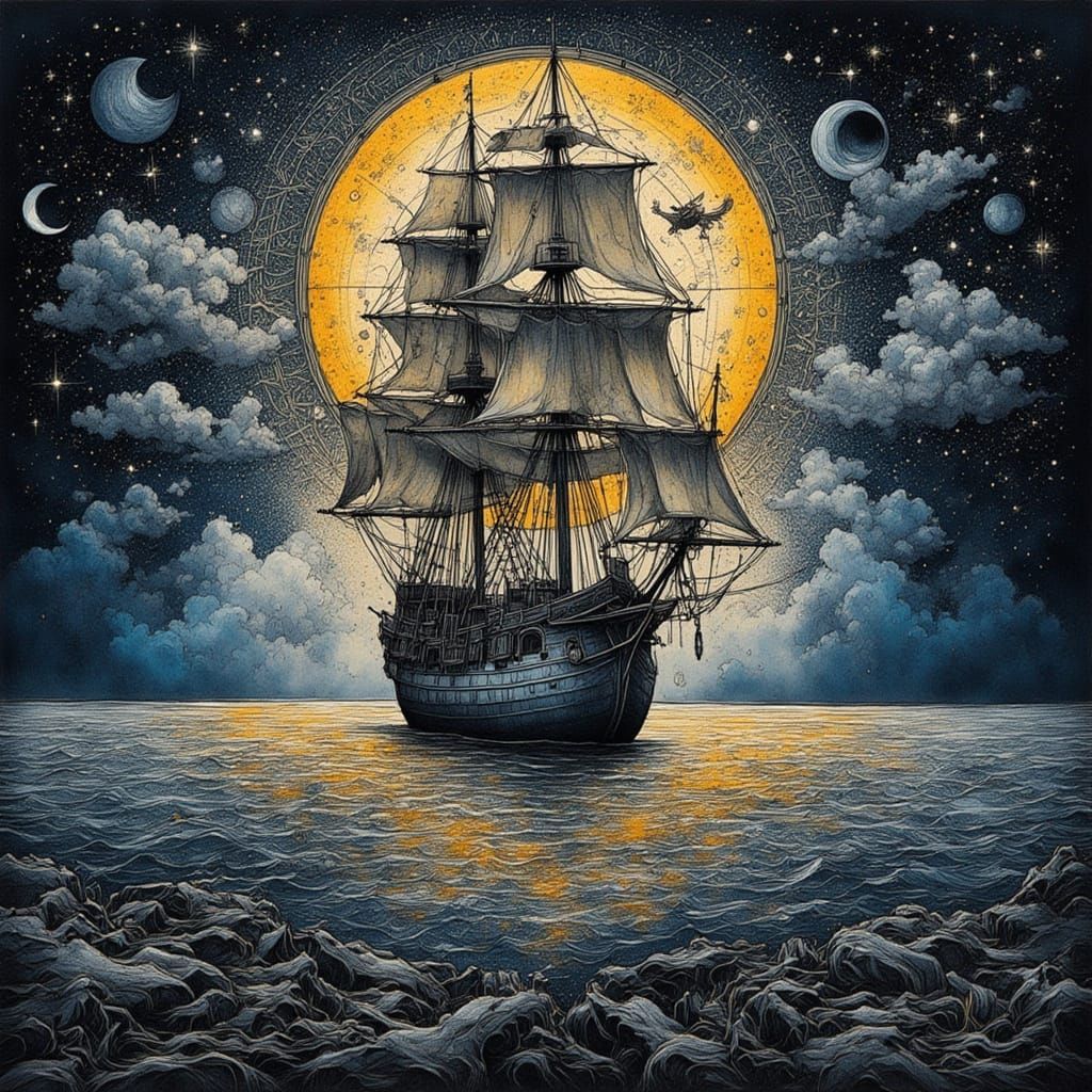 Ghostly Galleon Under Celestial Orb, Symbolist Gouache
