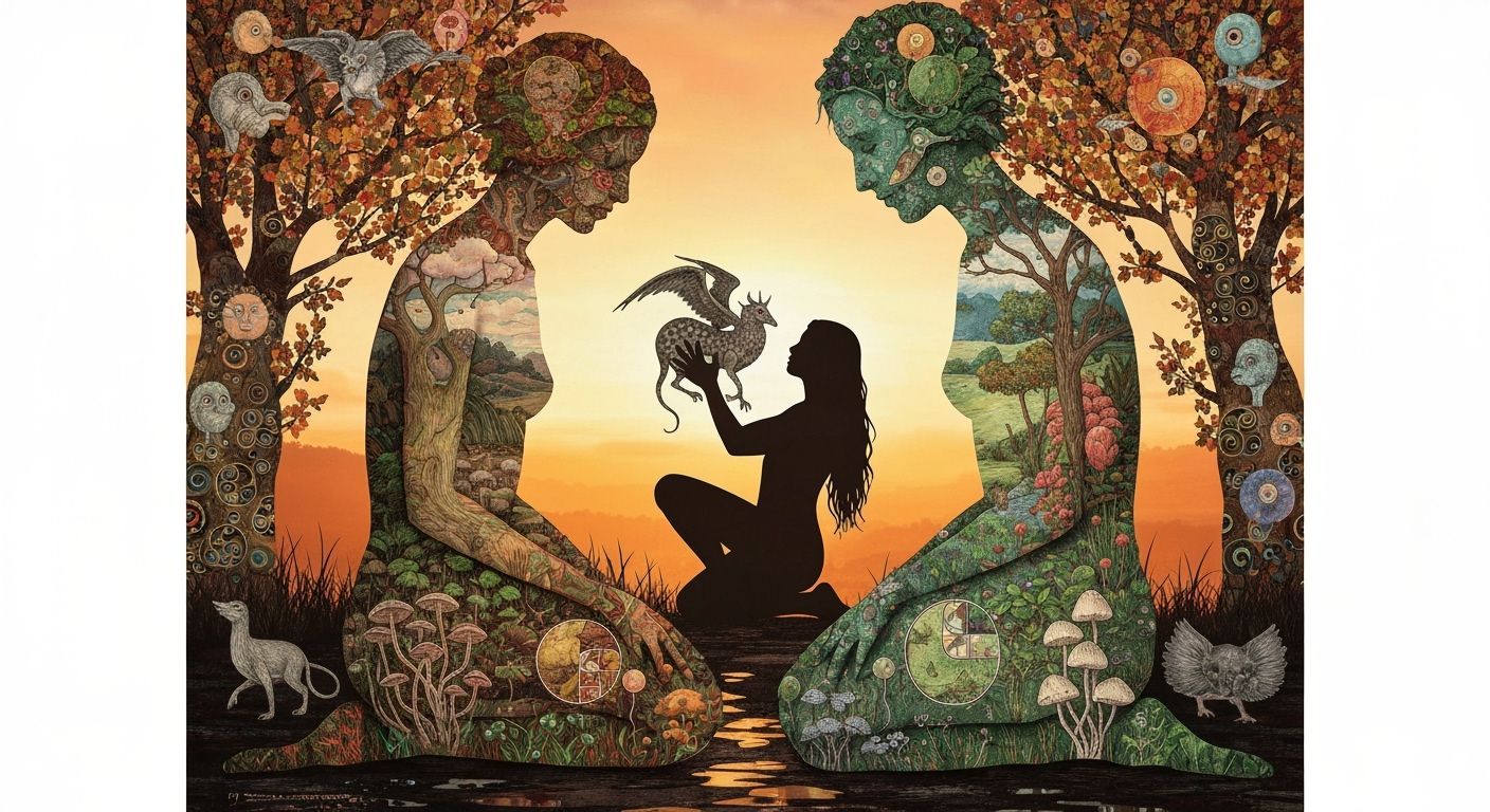 Mystical Collage of Creatures at Sunset, Nature and Spirit C...