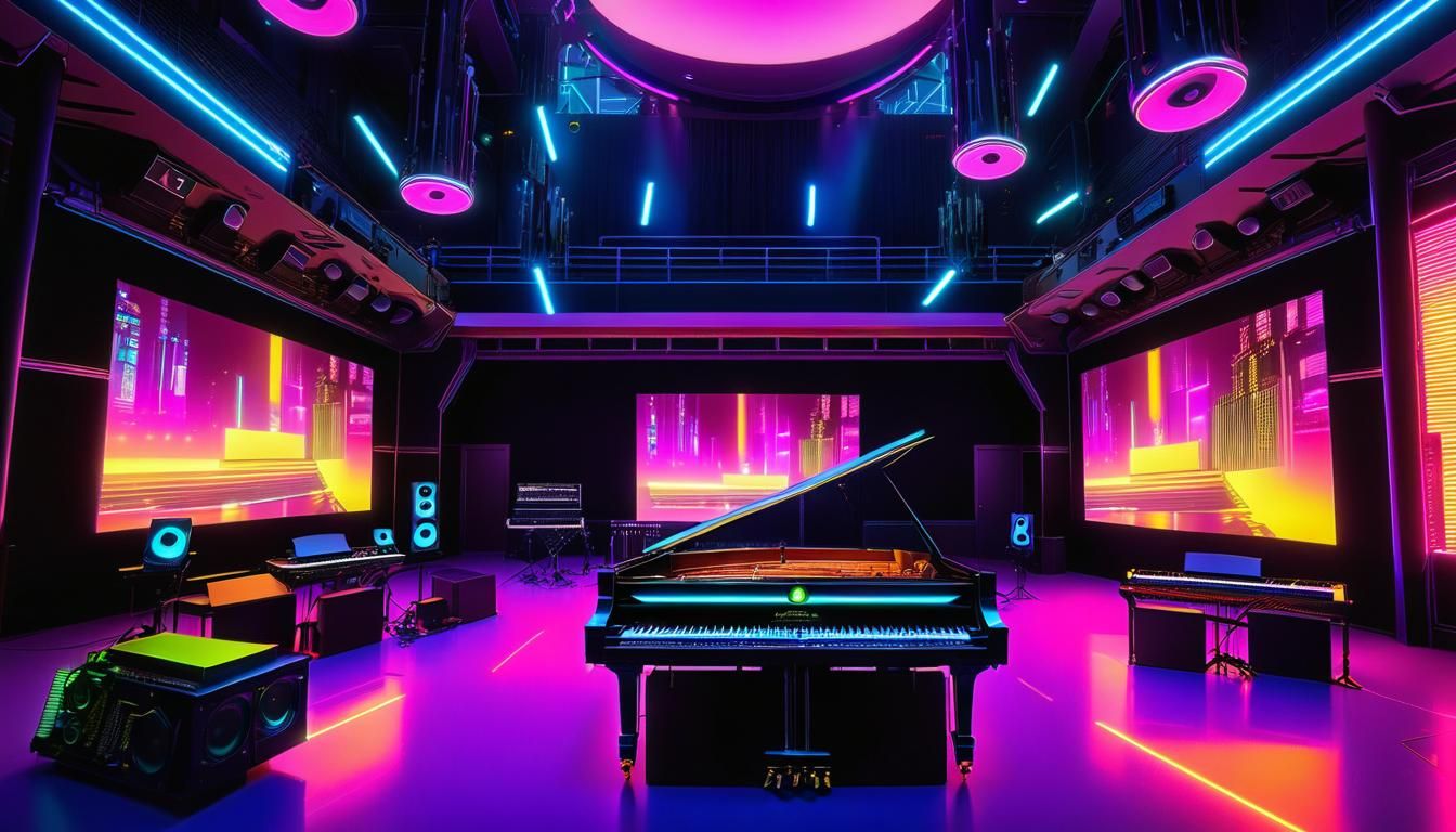 Neon Cyberpunk Orchestra Concert in Anime Style