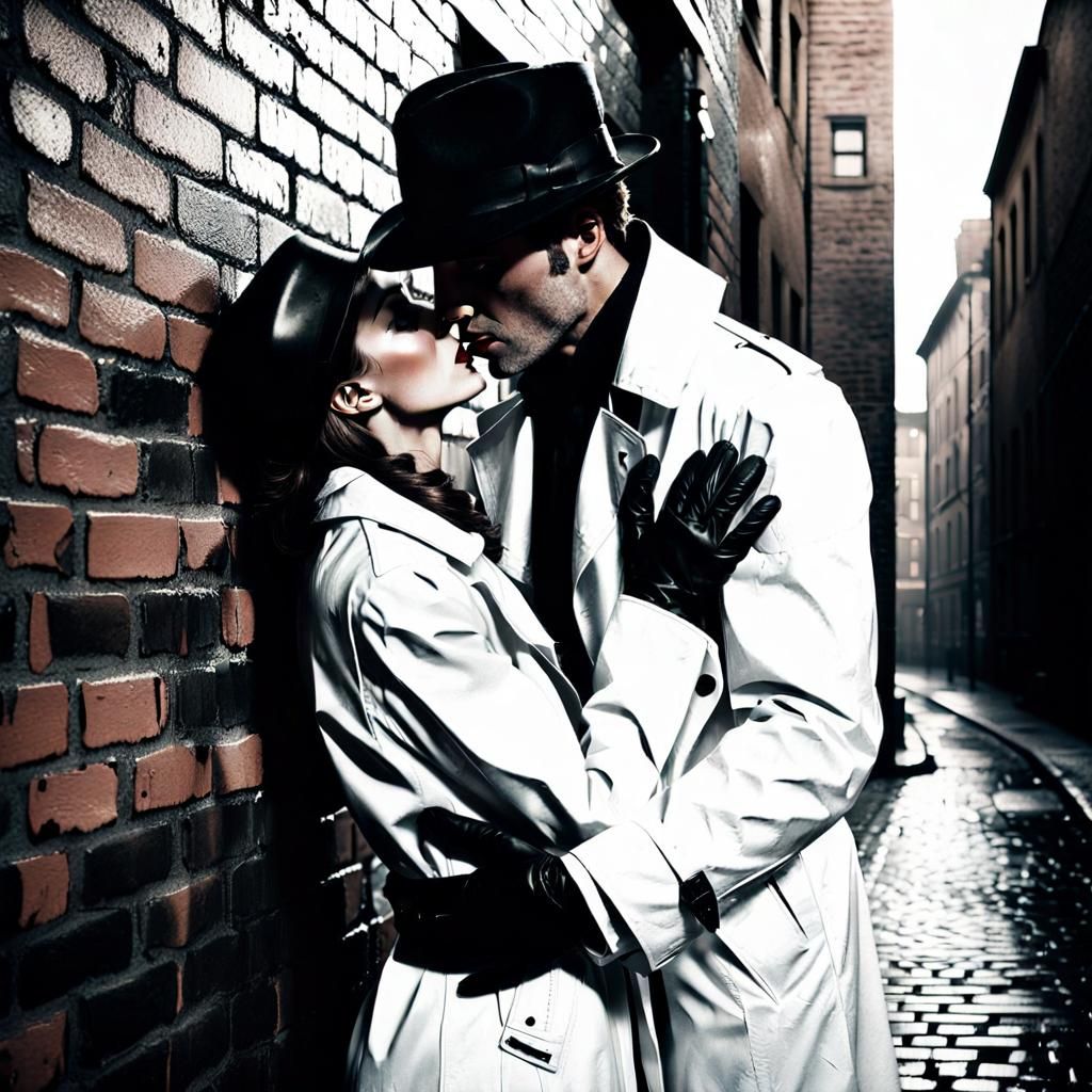 Film Noir Kiss in a Dark Alley: Ink Drawing