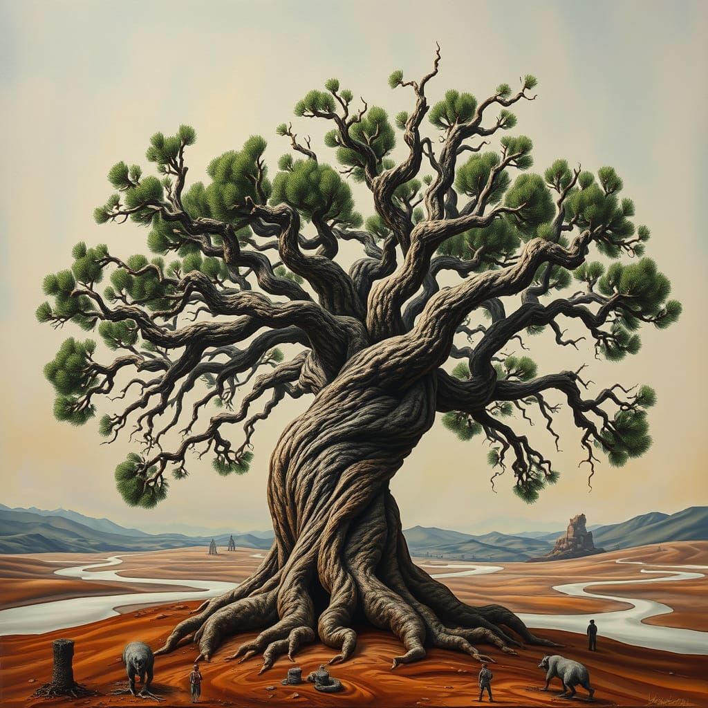 Ancient Juniper Tree in Surrealist Landscape