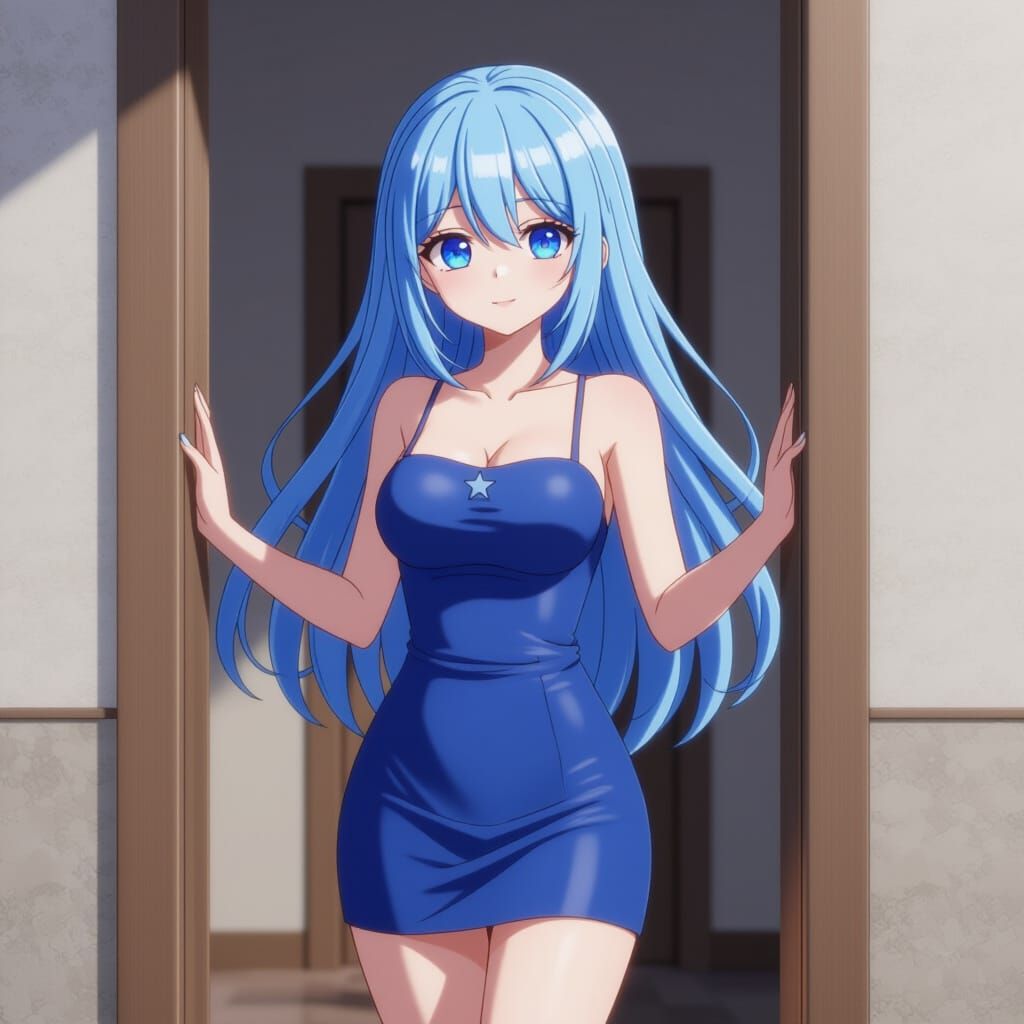 Anime Girl with Blue Star Eyes in Blue Dress