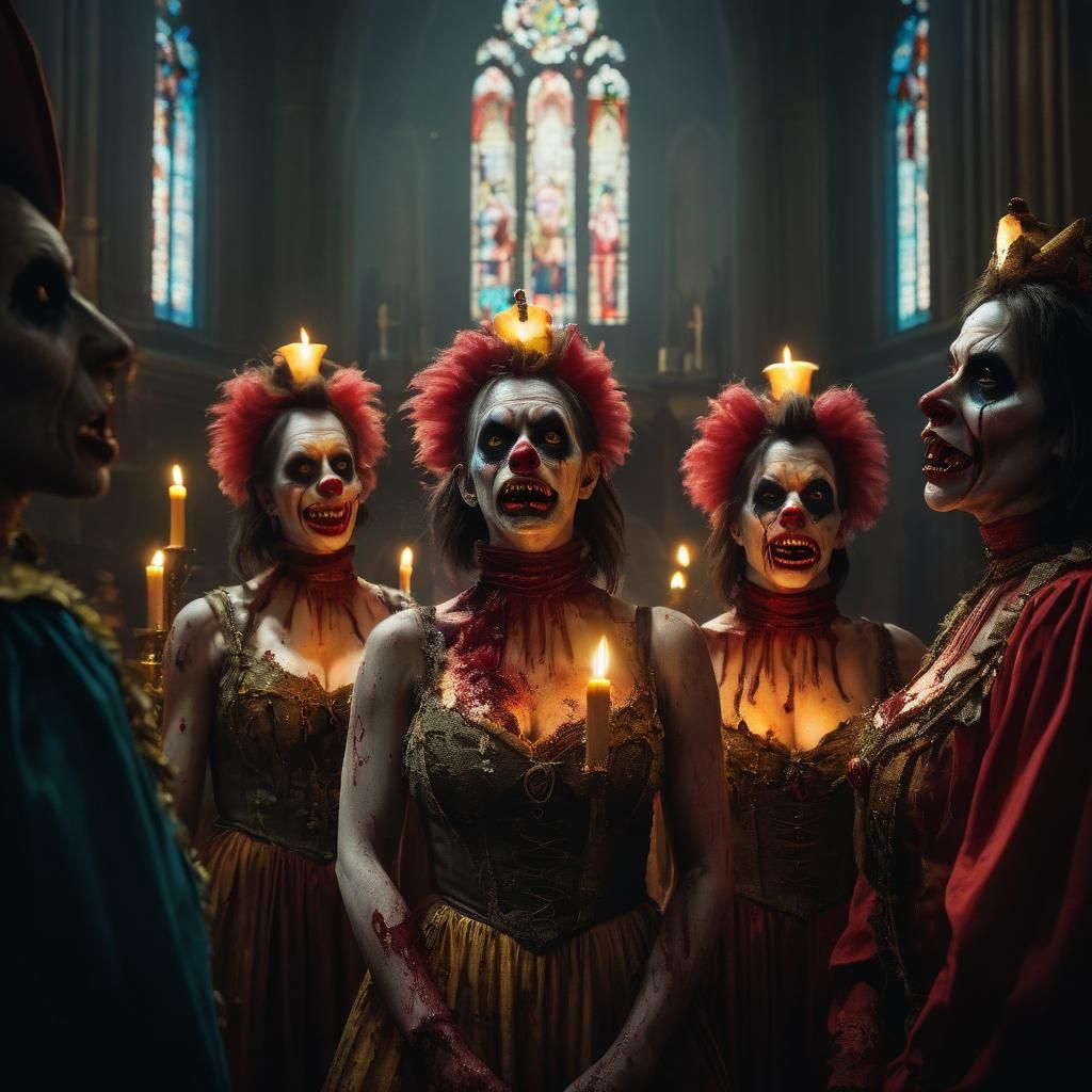 Hyperrealistic Zombie Clowns in Dark Surrealism Style