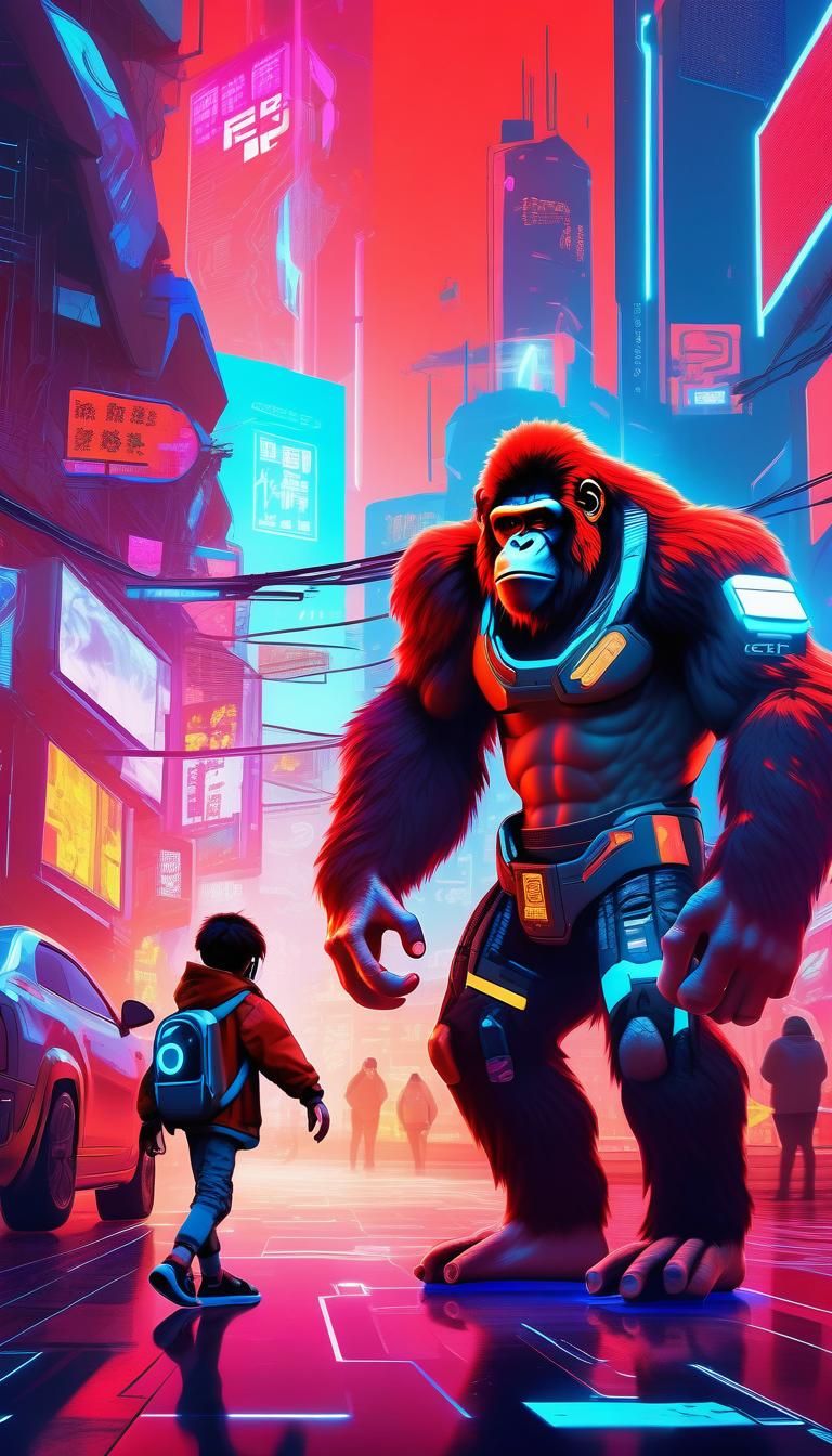 Cyberpunk Ape and Tech Kid in Neon Cityscape