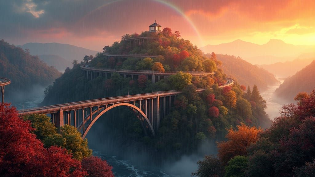 Rainy Fantasy Bridges Over Lush Hills