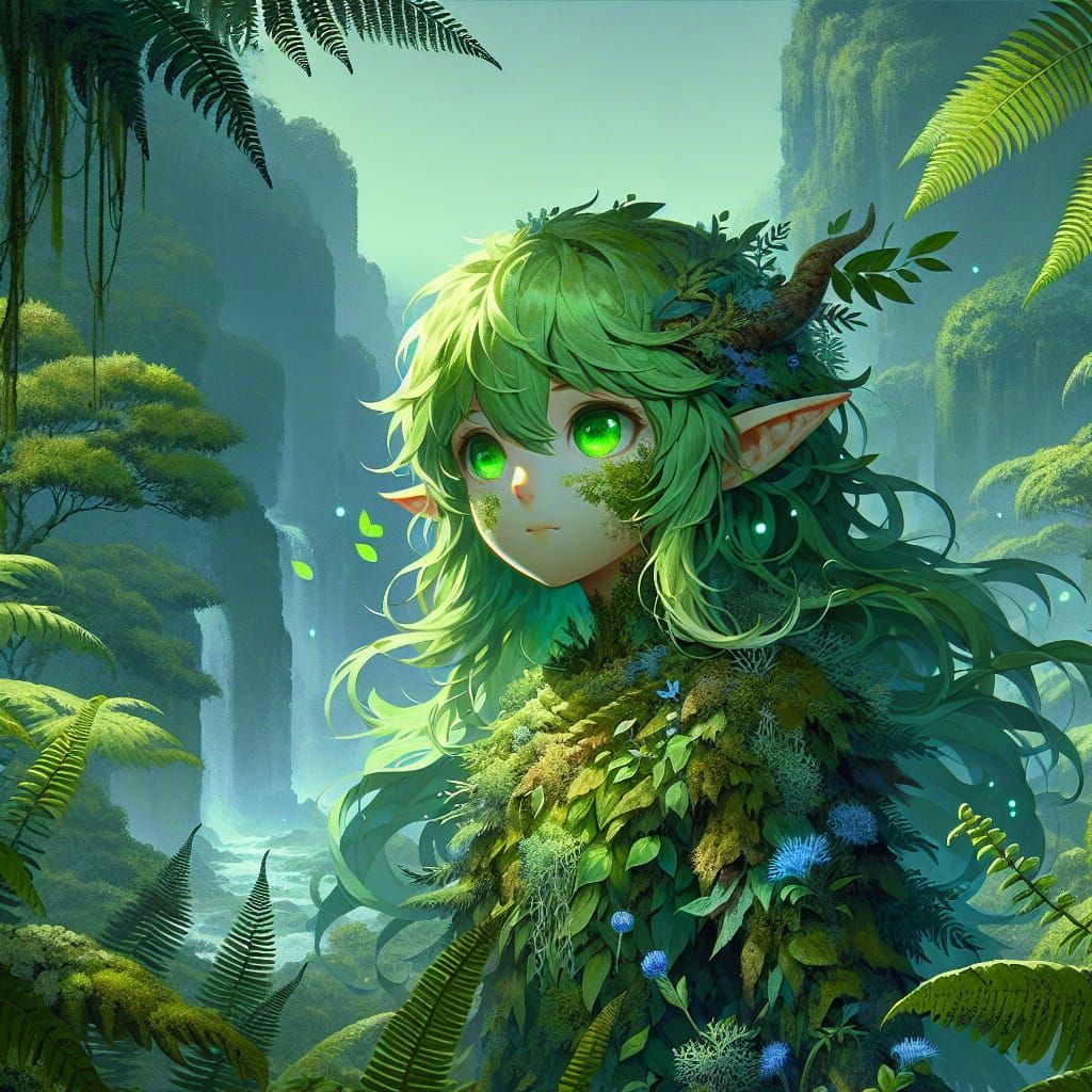 Anime Satyr Girl in Misty Fern Forest