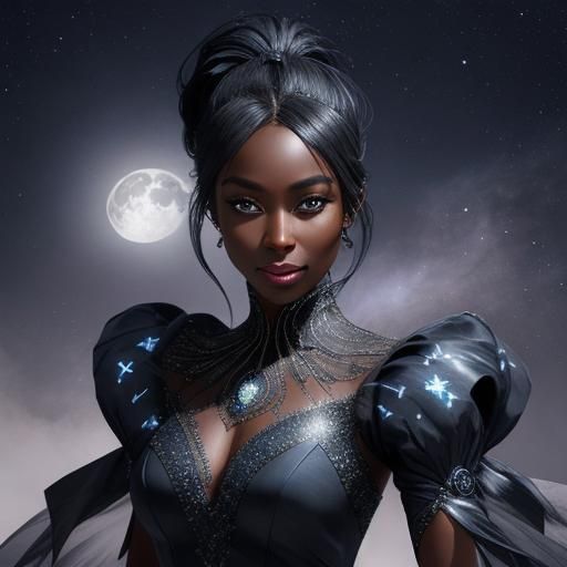 Dark-Skinned Girl with Butterflies and Galaxy Dress