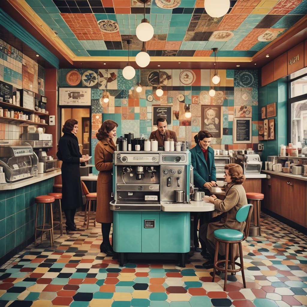 Retro-Futuristic Cafe Interior with Vintage Coffee Machine