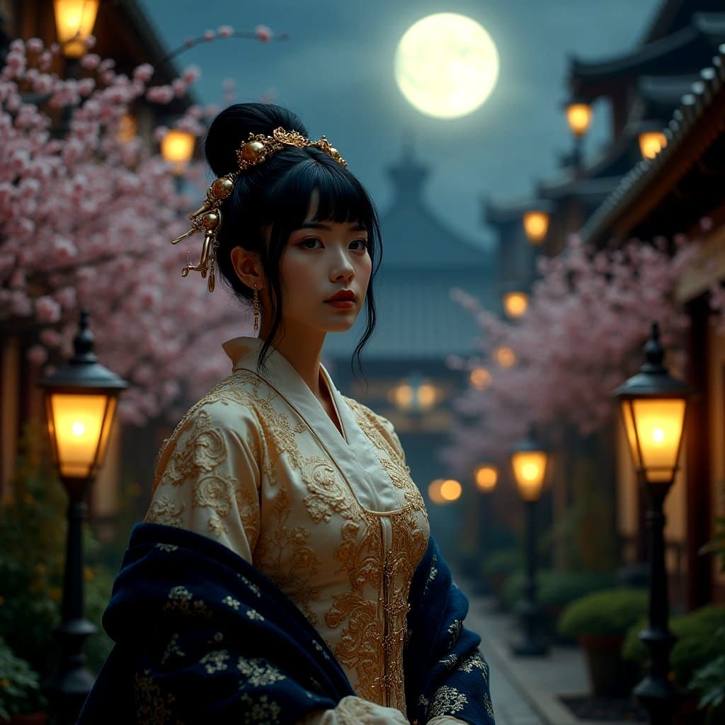 Steampunk Princess in Moonlit Japanese Courtyard