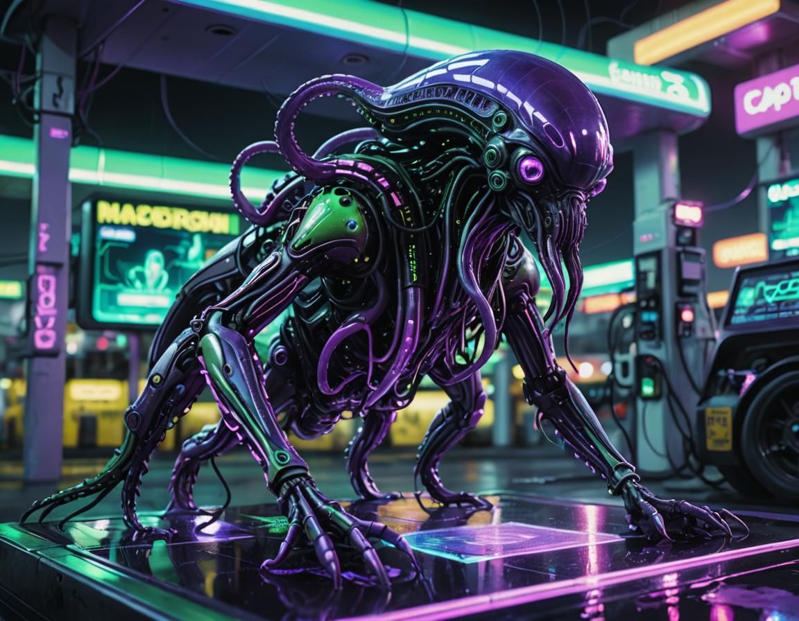 Cyberpunk Alien Refuels Car at Neon Gas Station