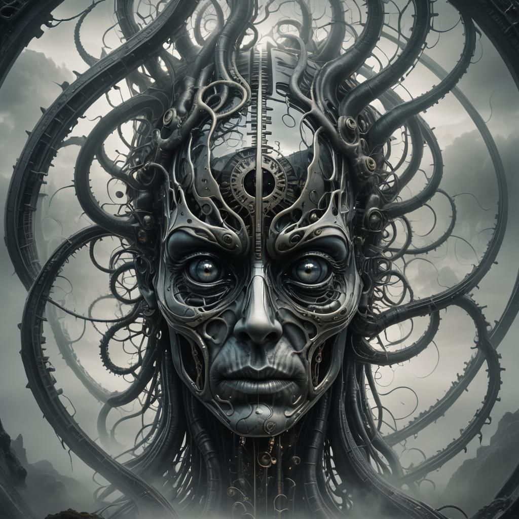 Biomechanical Glass 'A' in Eerie Fog: 3D Render