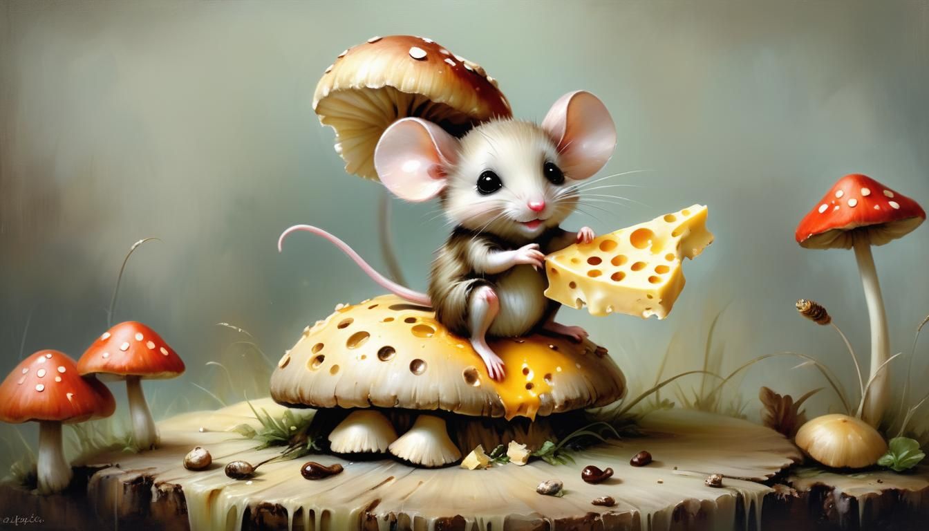 Sweet Kawaii Chibi Mouse on Mushroom, Oil Painting