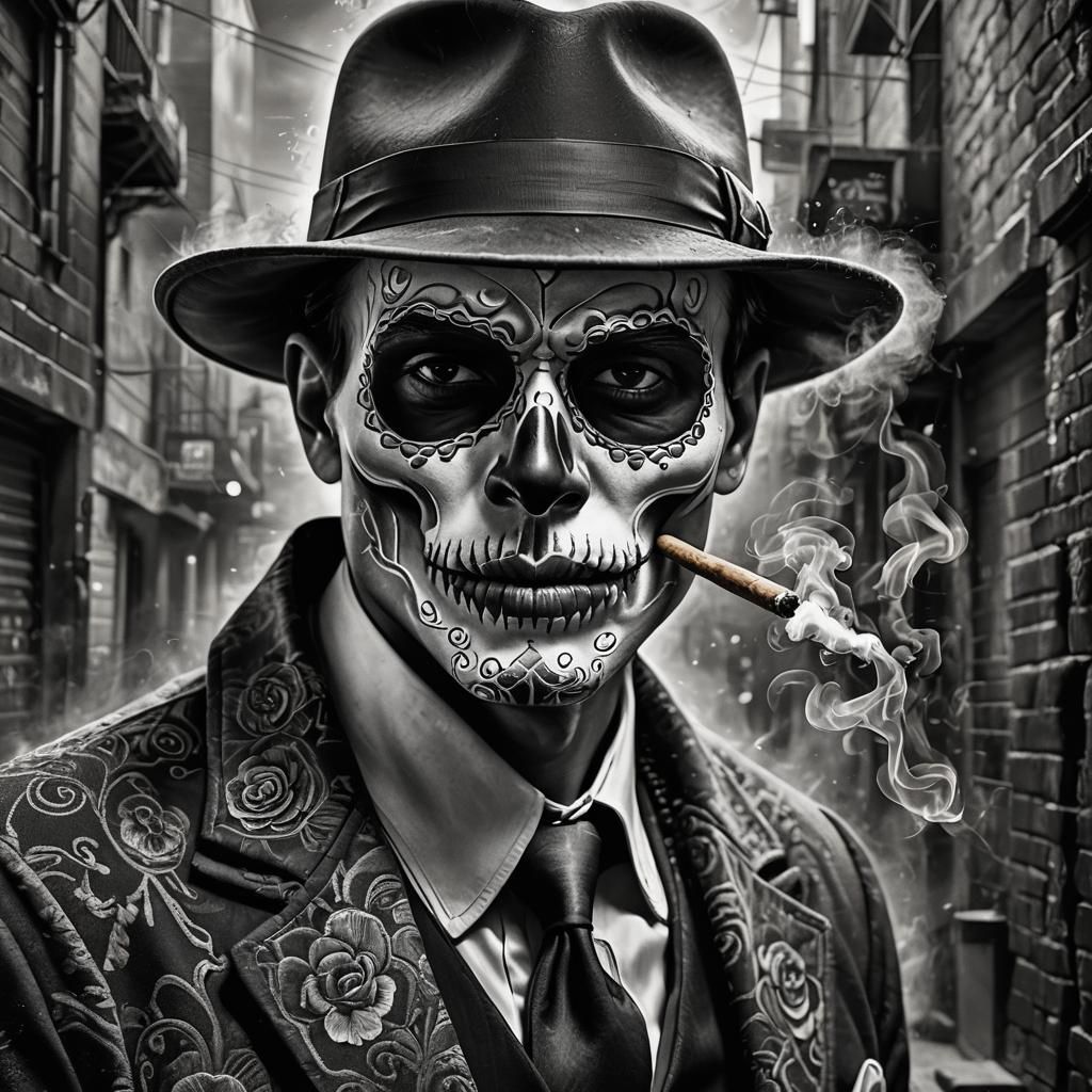Sugar Skull Gangster Portrait in Film Noir Style