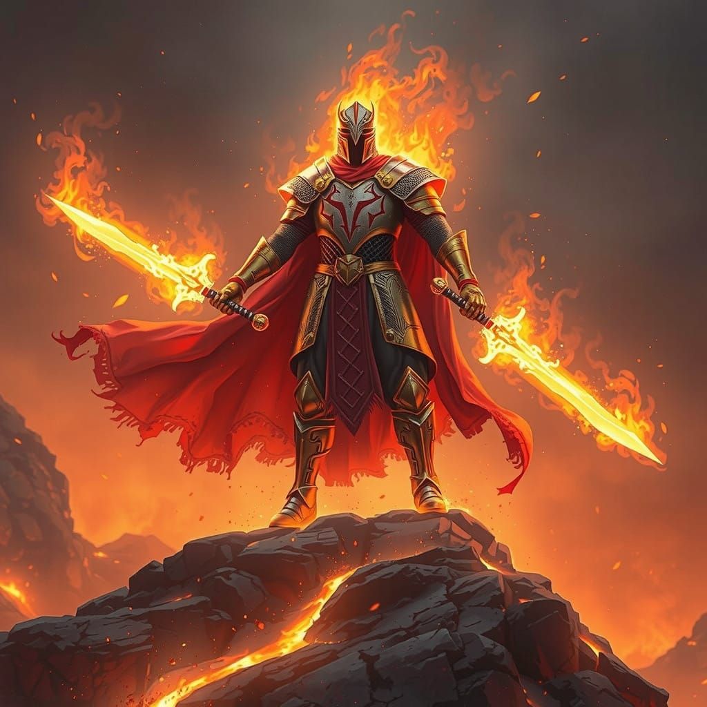 Epic Fantasy Warrior Engulfed in Flames on Volcano