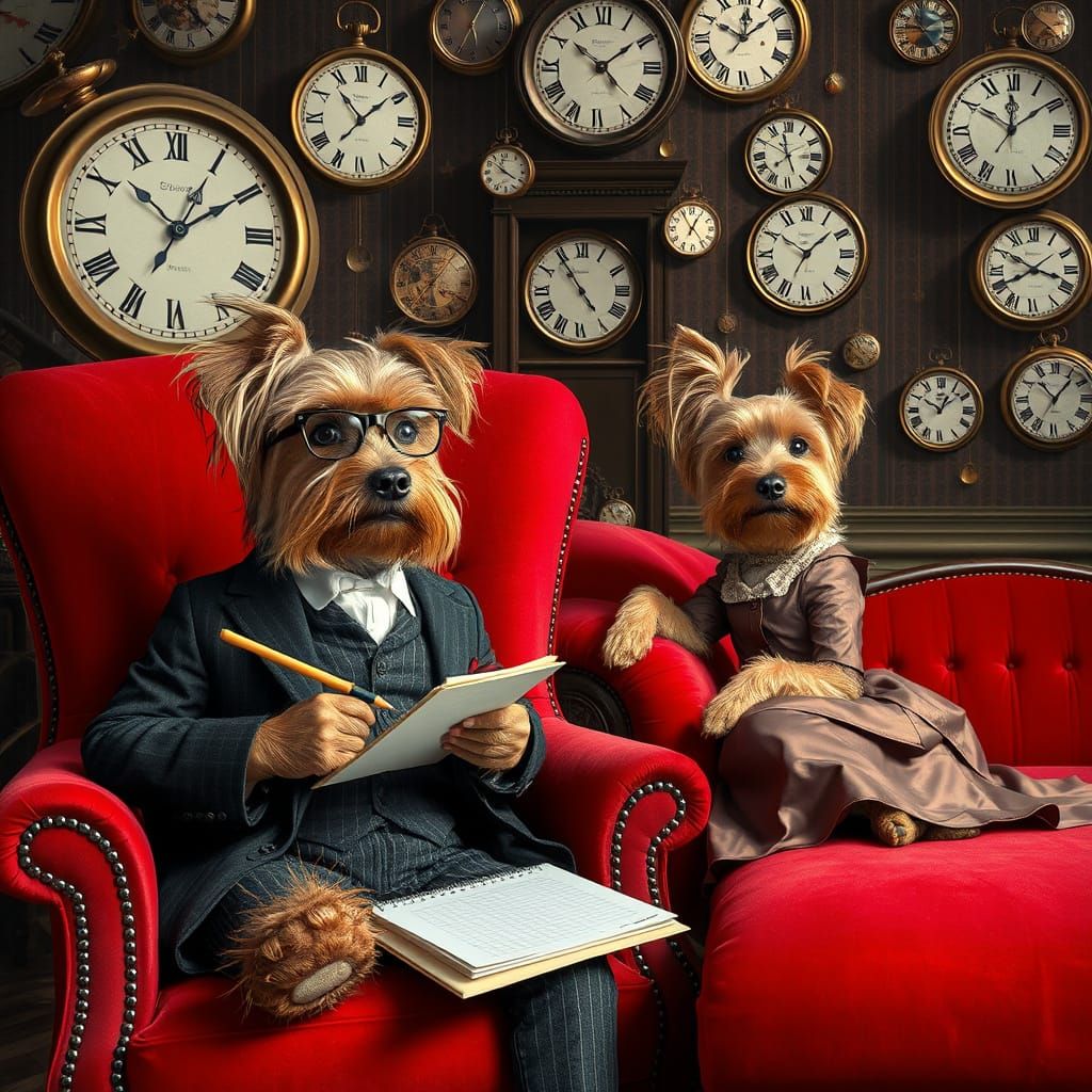 Edwardian Yorkshire Terriers in a Whimsical Timekeeper's Lai...