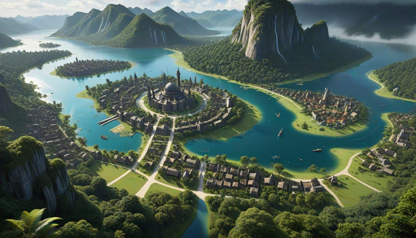 Fantasy Jungle Cityscape Over a Serene Lake