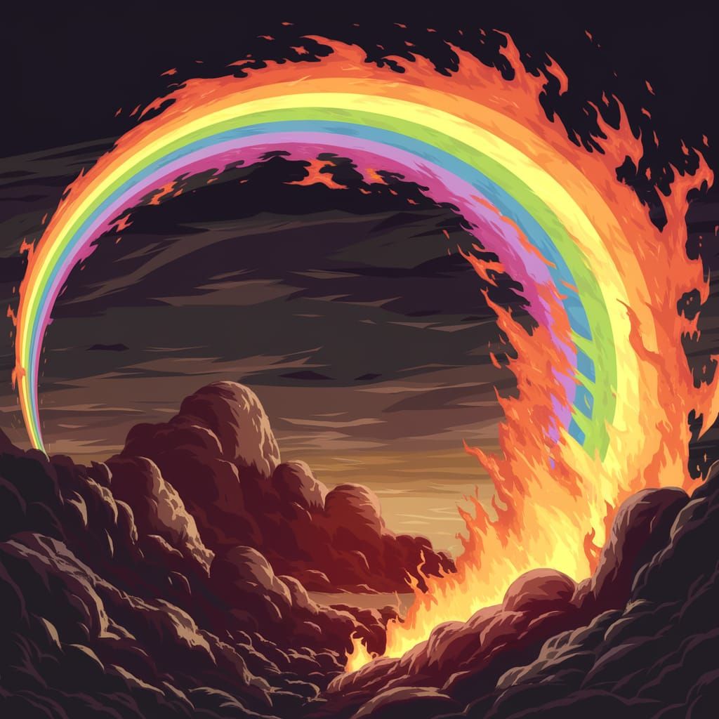 Surreal Flamebow Arcs Across Dark, Smoky Sky in Cel-Shaded A...
