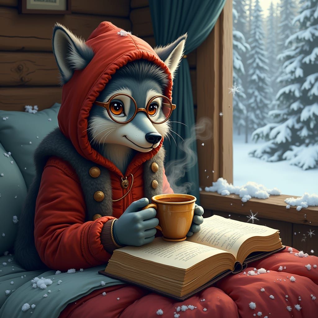 Wisdom in Winter: A Cozy Cabin Scene with a Wise Wolf Grandm...