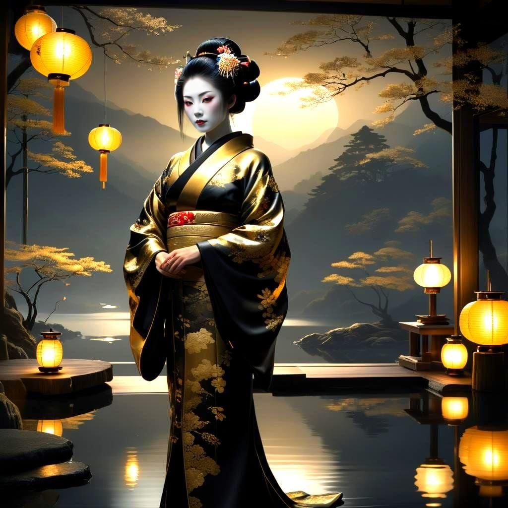 Bioluminescent Geisha in Tea Room with Lake