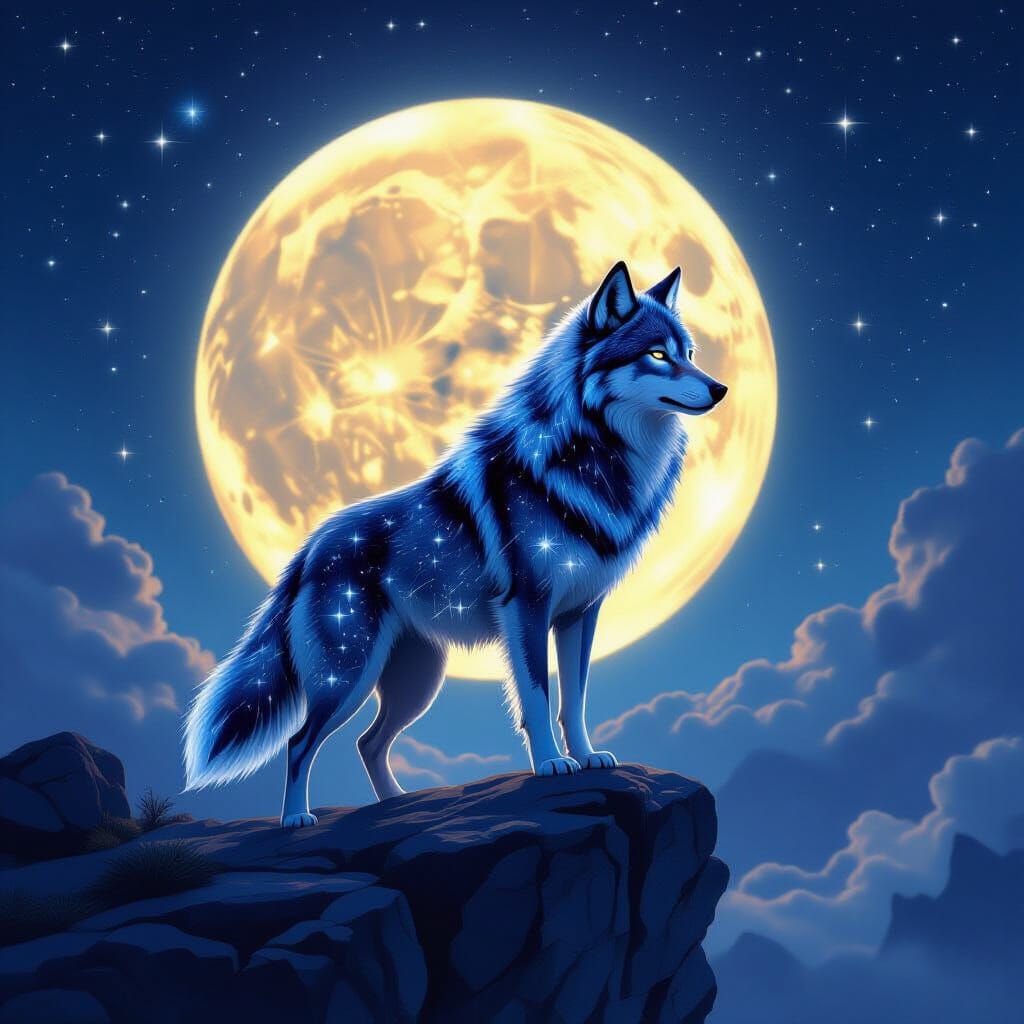 Cosmic Wolf Guardian Under Full Moon