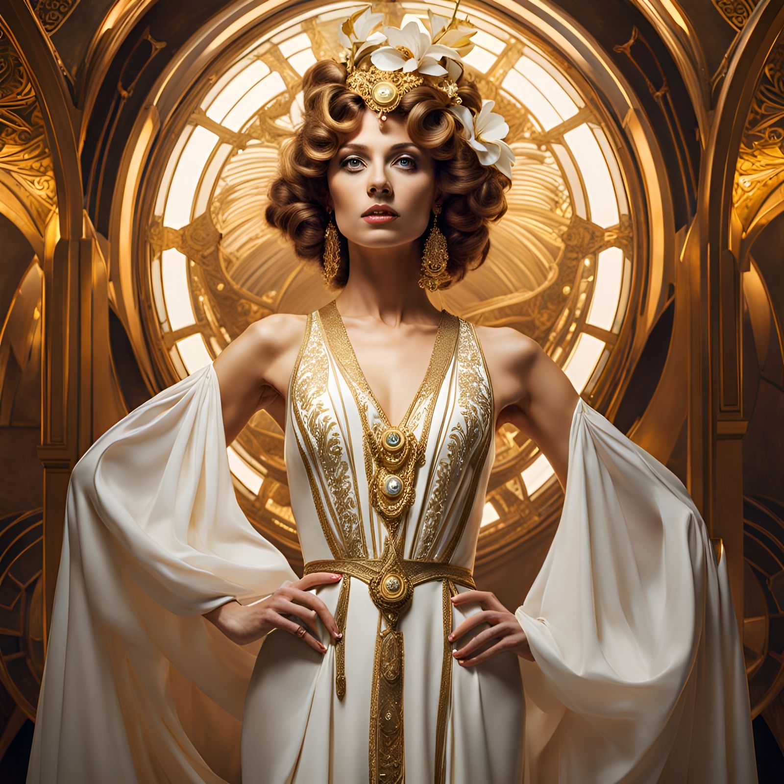 Woman in Gold Dress: Alphonse Mucha-Inspired Portrait