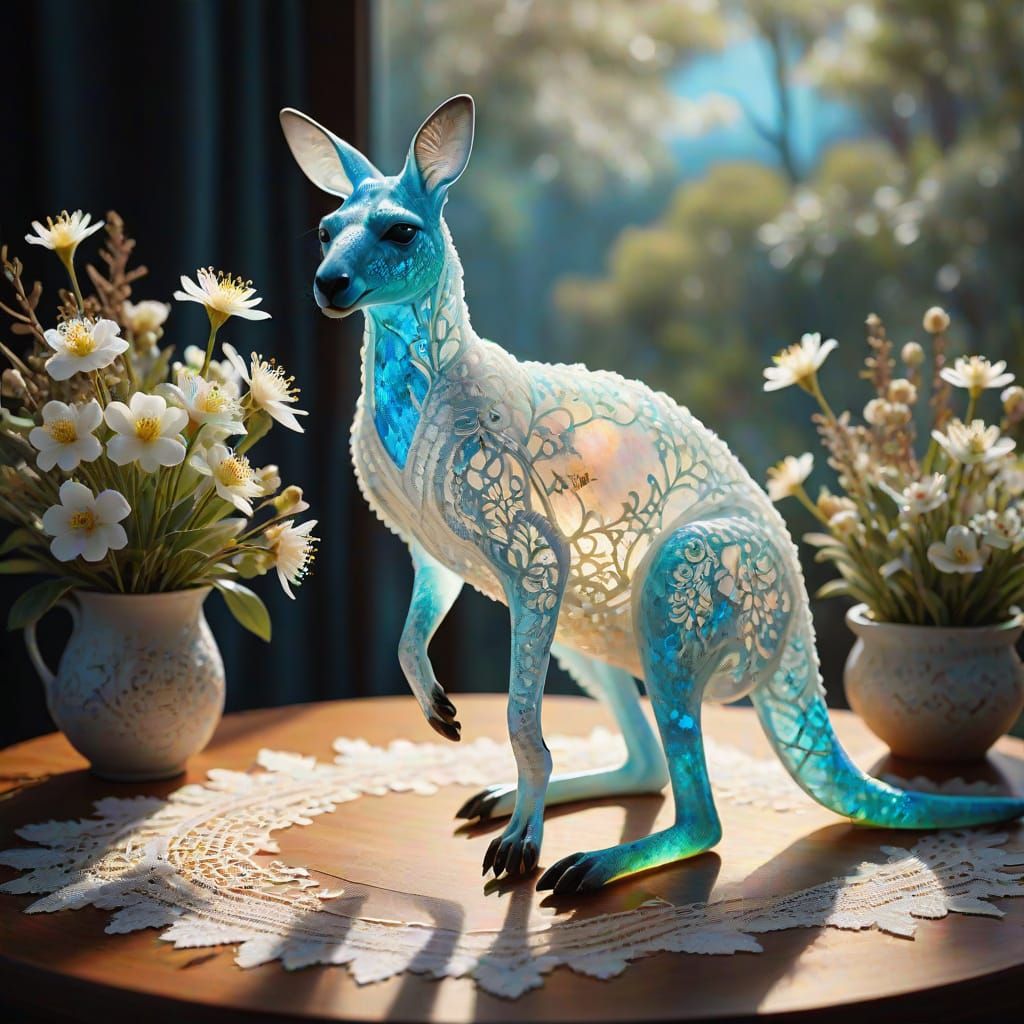 Opal Kangaroo Sculpture with Australian Flora