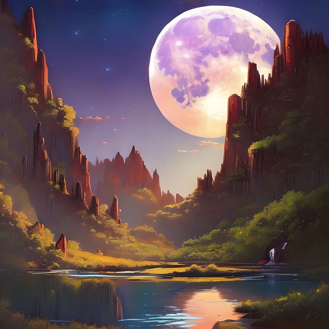 Luminous Moon Over Waterfall in Starry Night