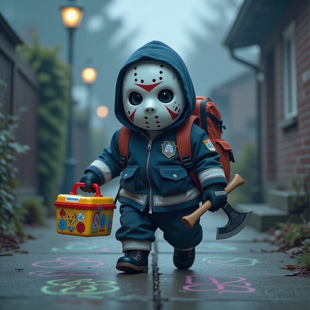 Grotesque Horror Baby with Toy Axe in Film Still