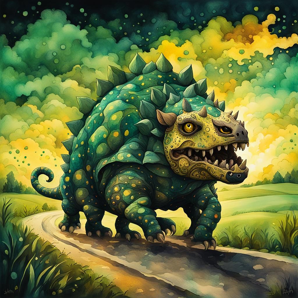 Tarasque on Country Road in Pop Surrealism Style