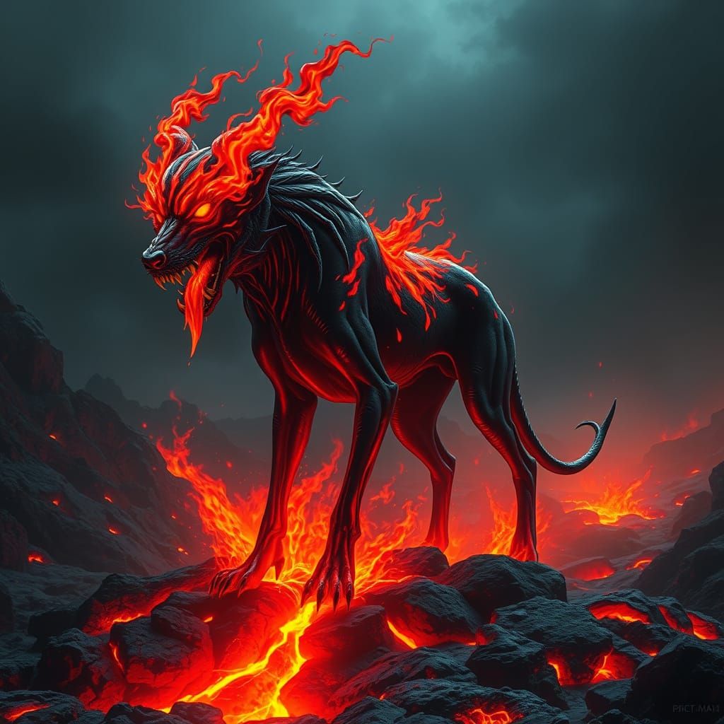 Surreal Hellhound Erupts in Frenzied Fire and Lava
