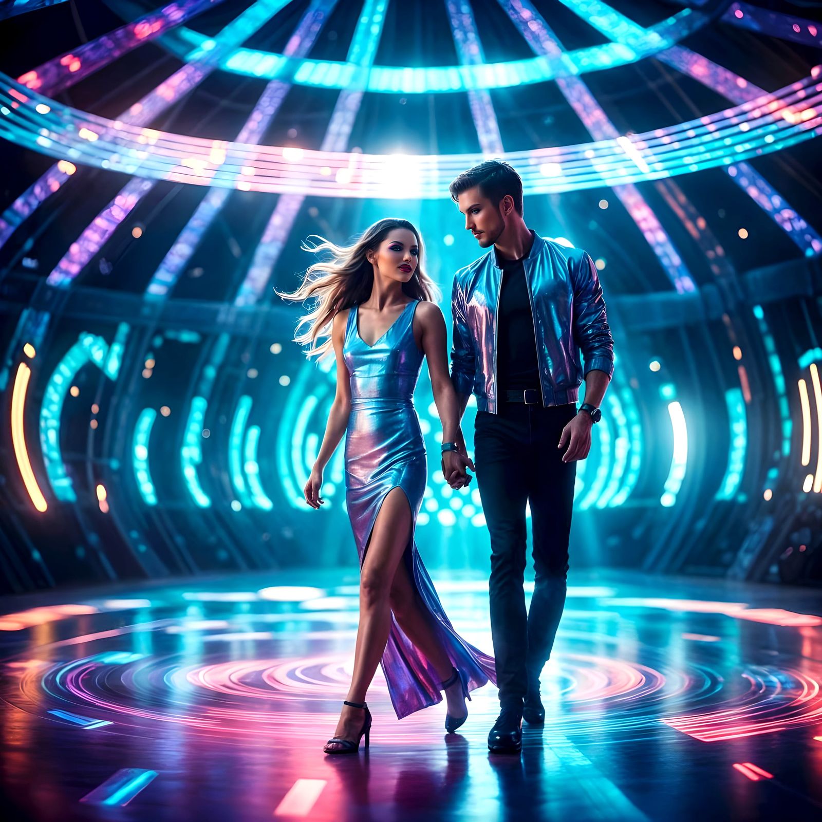 Dancing Under Holographic Lights in a Futuristic Arena