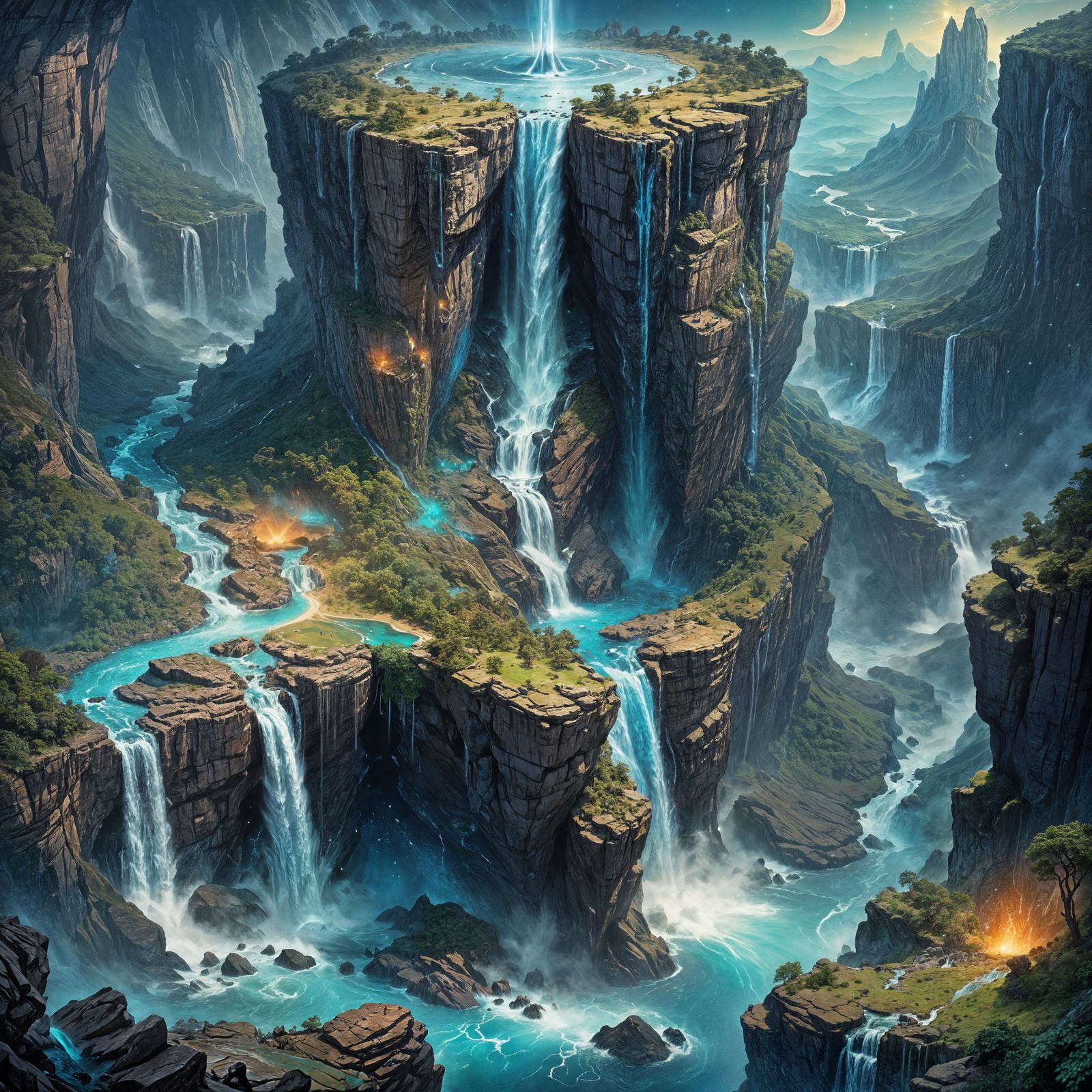 Alien Waterfall with Galaxy, Stars, and Moons