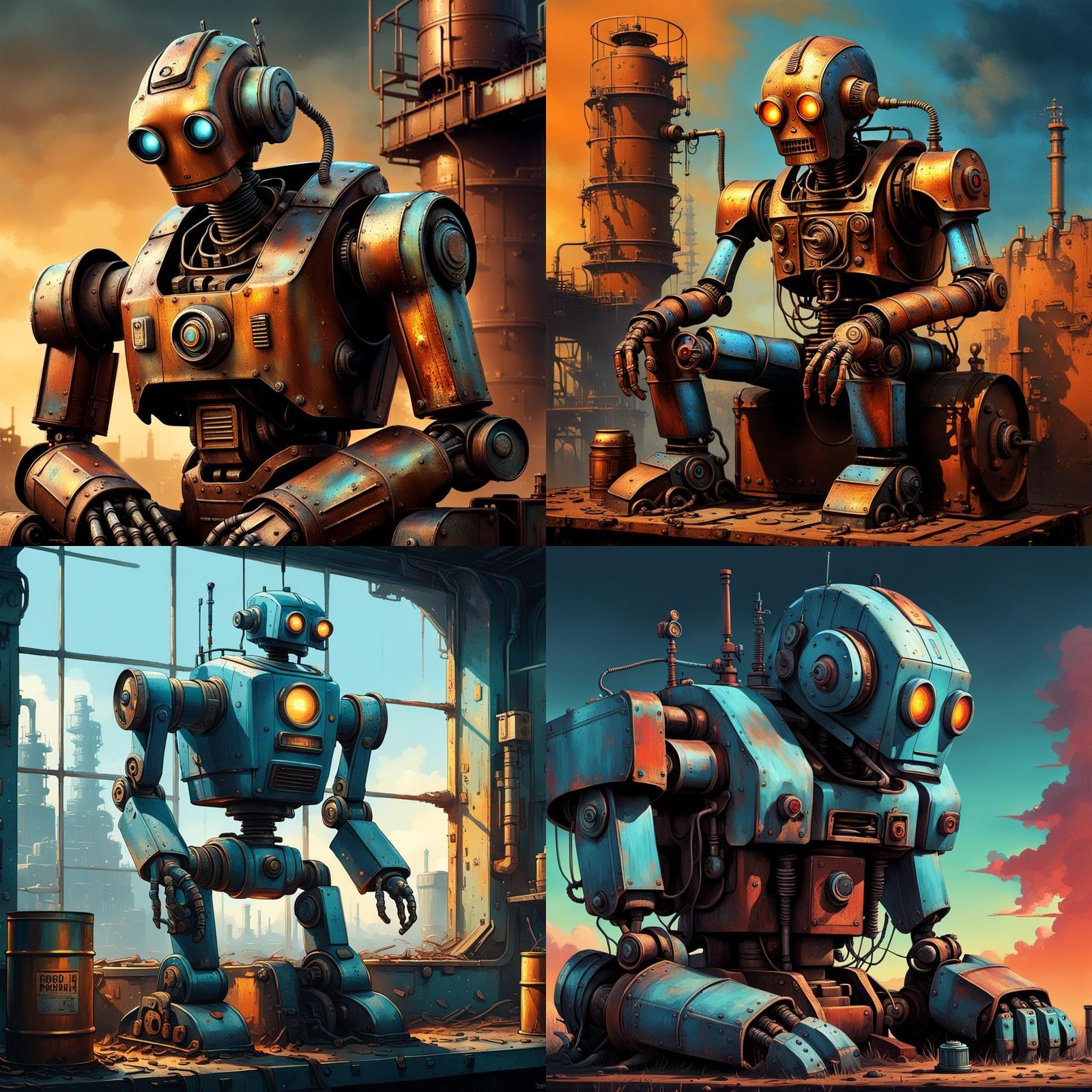 Despairing Robot on Oil Can: Detailed Matte Painting