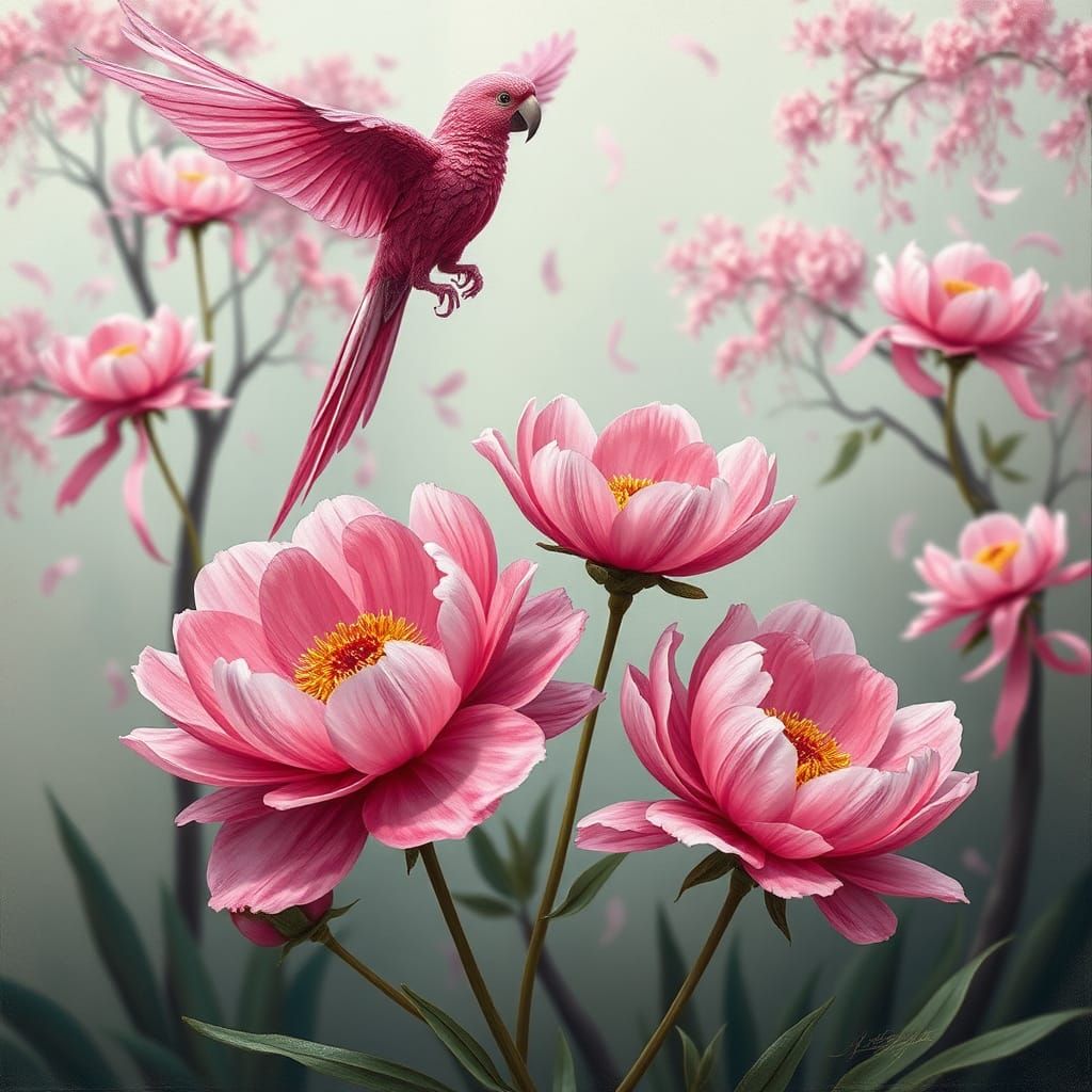 Ribbon Parrot on Abstract Pink Peonies in Klimt Style