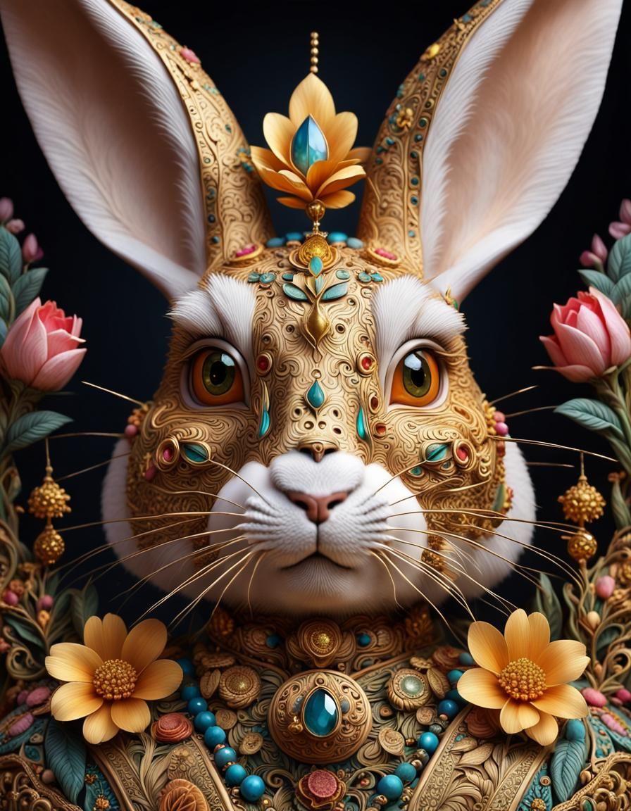 Golden Floral Rabbit Portrait with Jewels