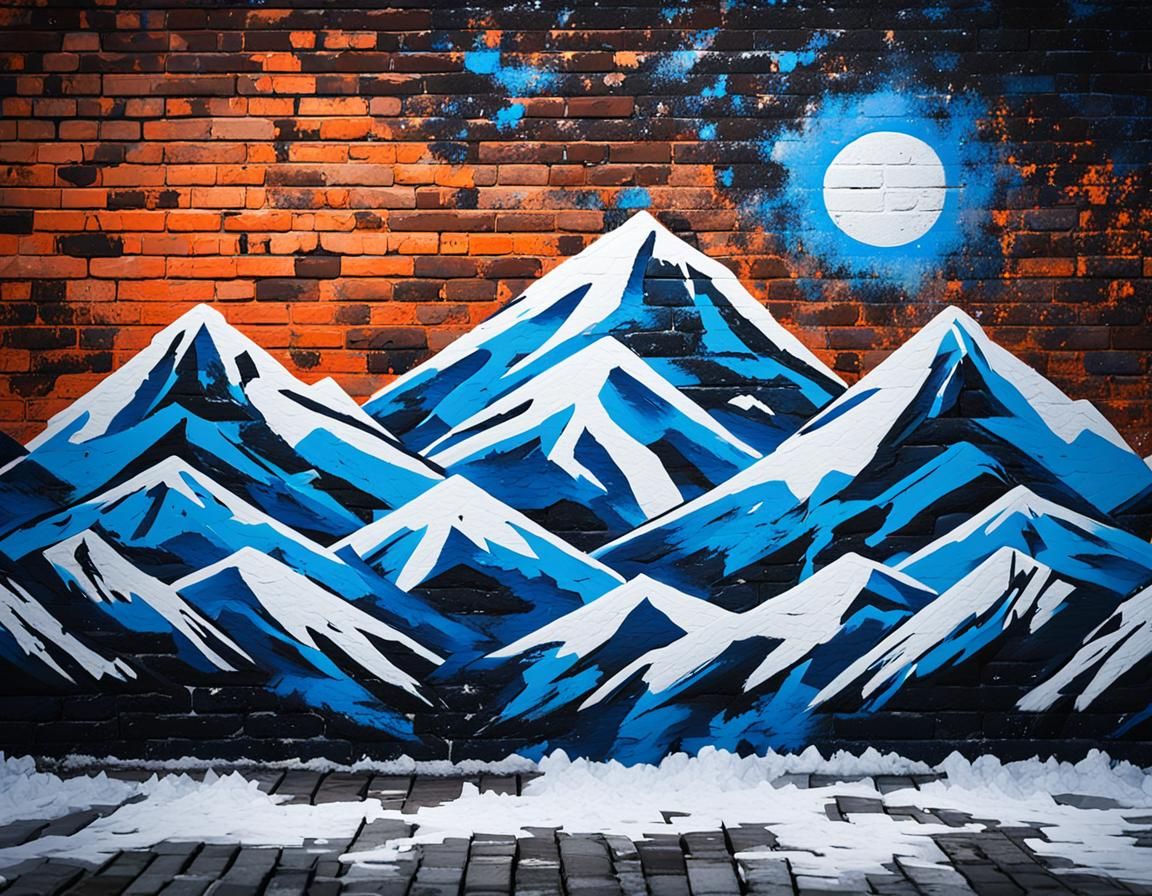 Urban Street Art: Snowy Mountain Scene in Stencil Style