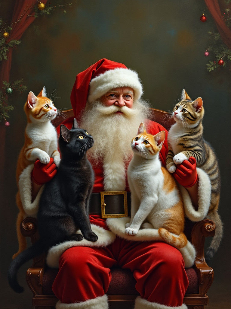 Anthropomorphic Felines Pose in Victorian Christmas Scene