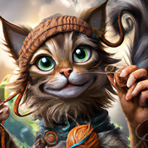 Steampunk Cat Plays with Yarn, Acrylic Painting Style