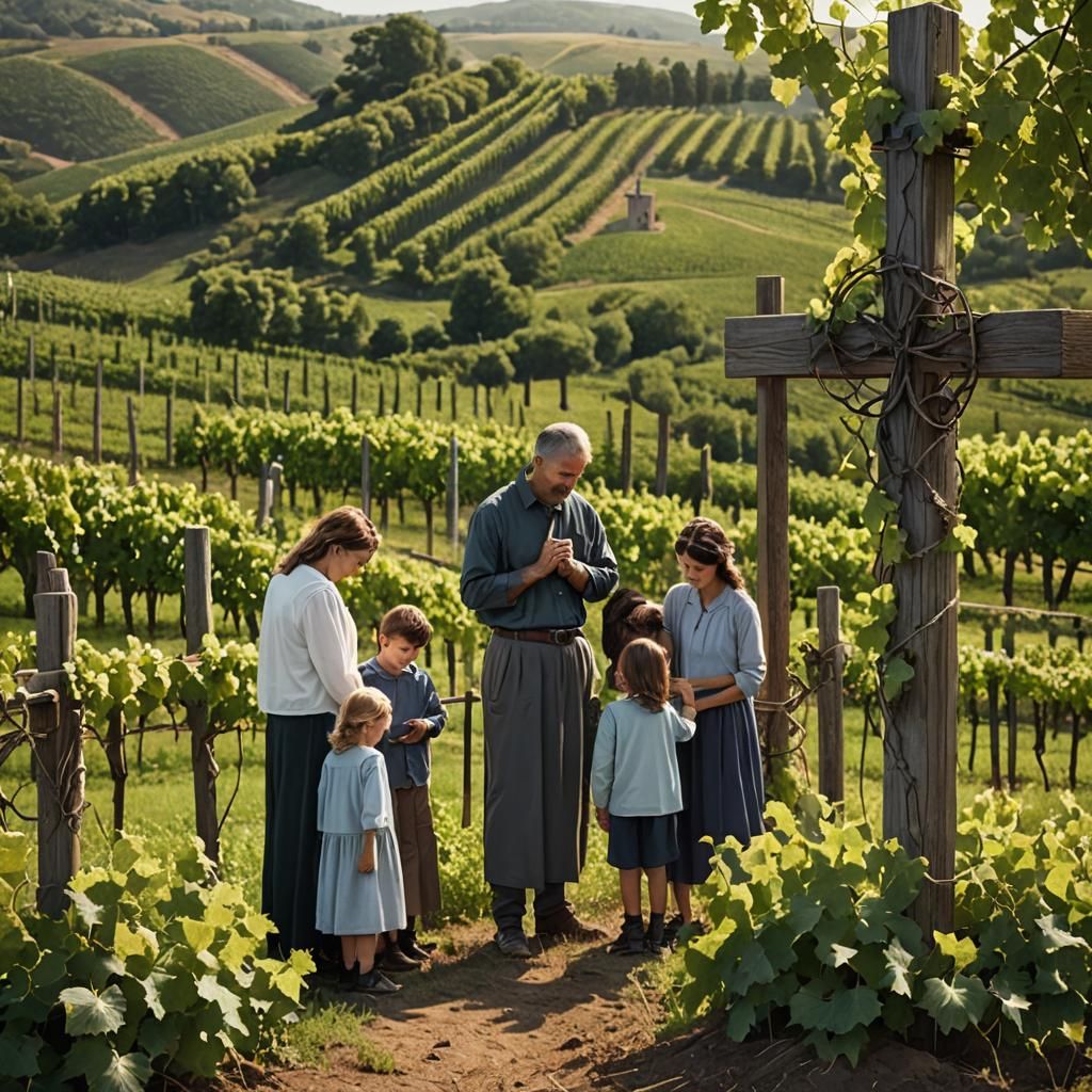 Family Prayer in Vineyard by Cross
