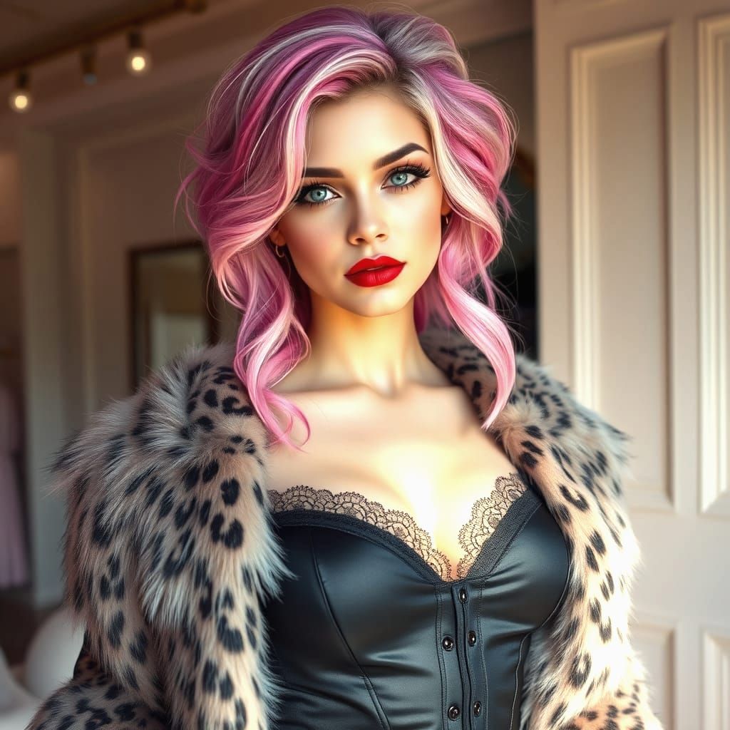 Alternative Woman in Leopard Print Jacket and Corset Mini Dr...