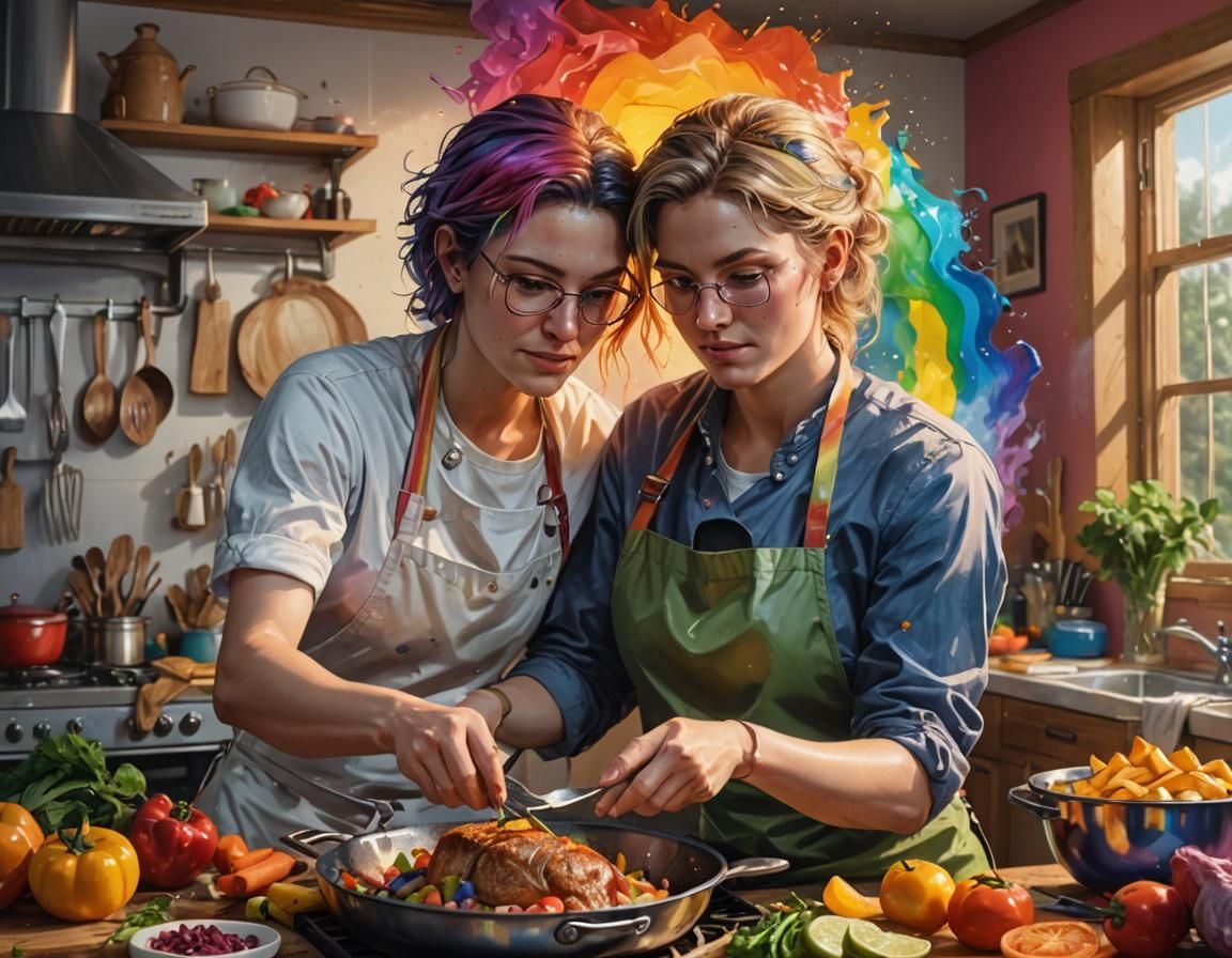 Lesbians cooking dinner