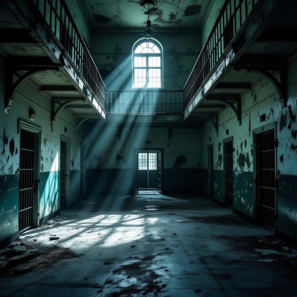 Eerie Abandoned Haunted Prison Interior, Sharp Focus