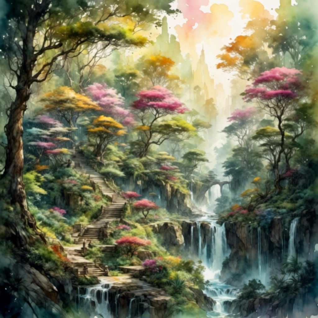 Jasmine Trees in Spring Rain: Hyperrealistic Splash Art