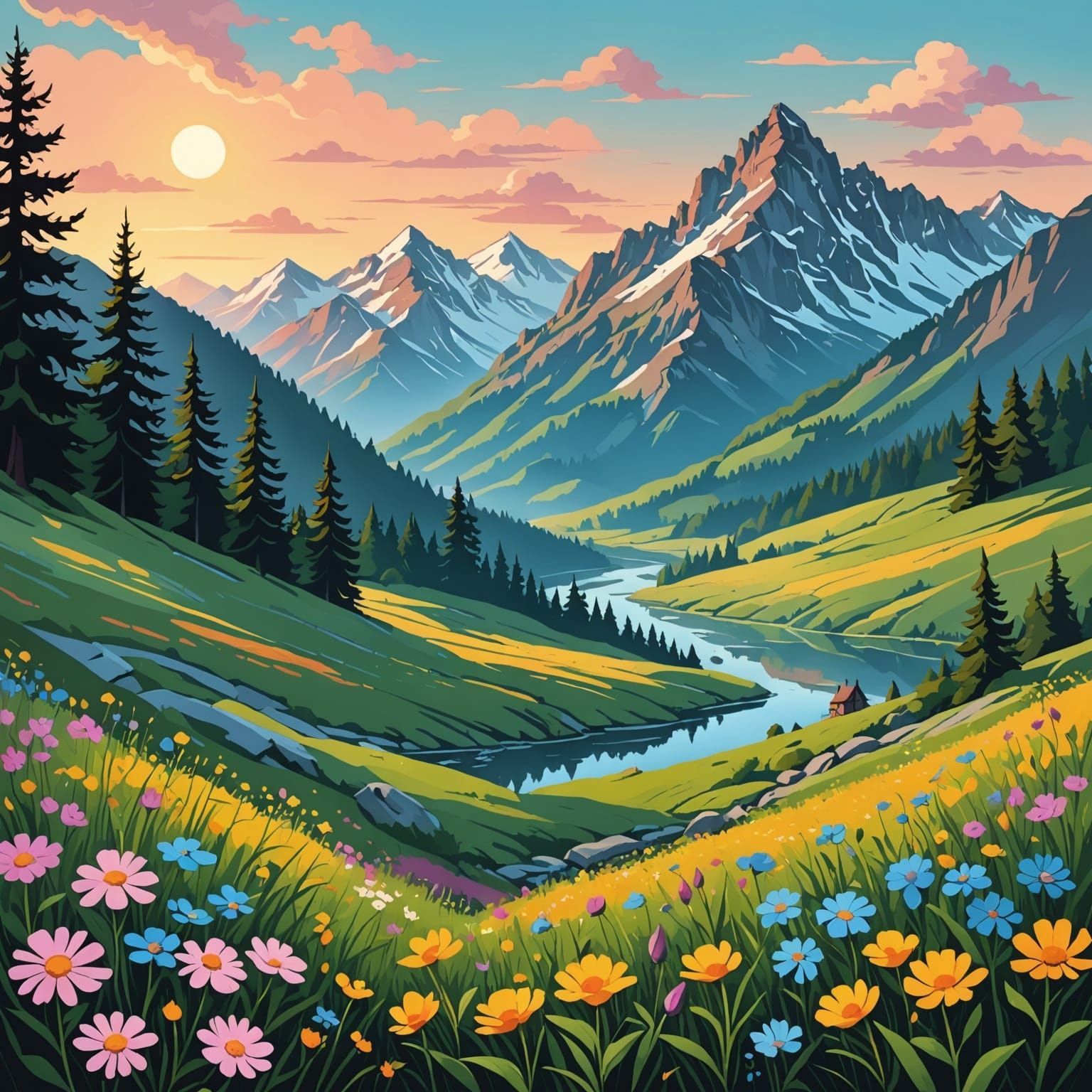 Medieval Dawn Landscape in Pastel Colors